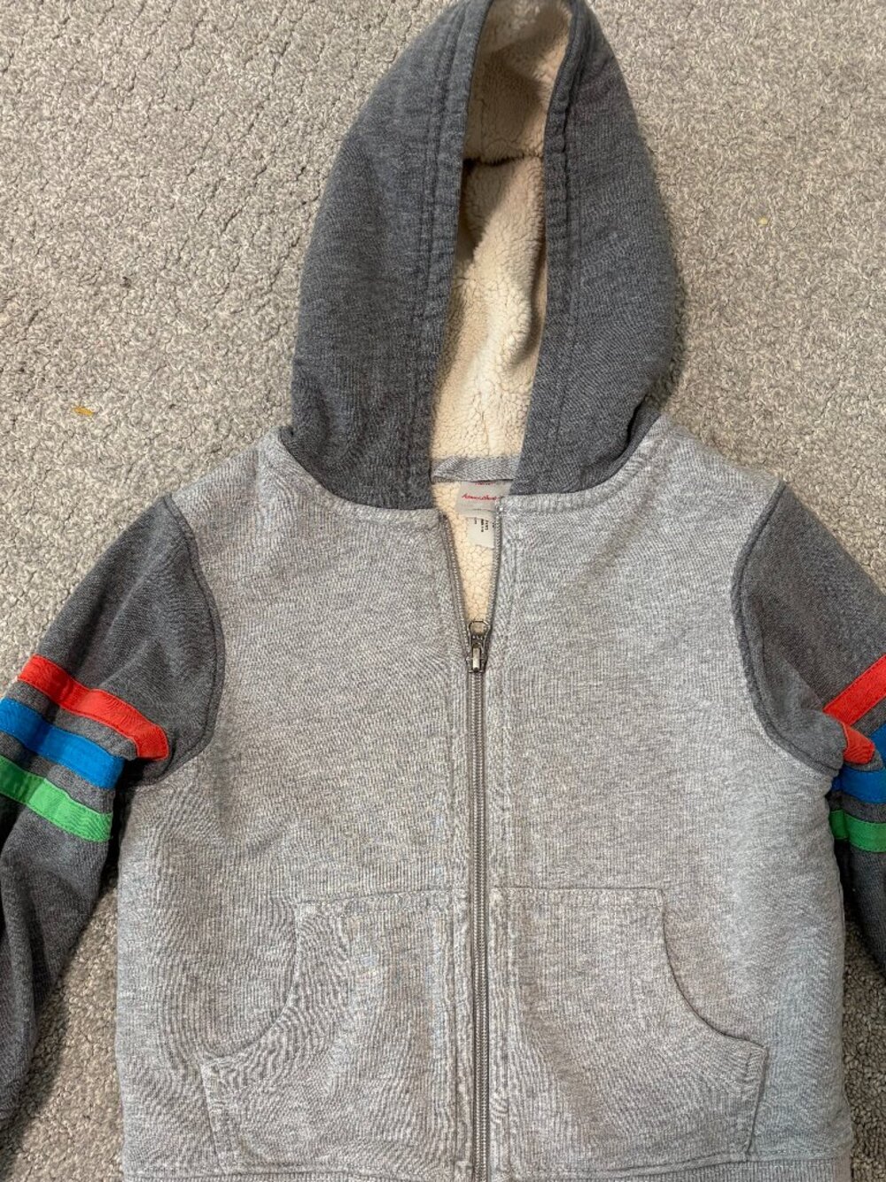 Hanna Andersson Faux Shearling Hoodie Size 4 Grey w/Stripe Sleeves